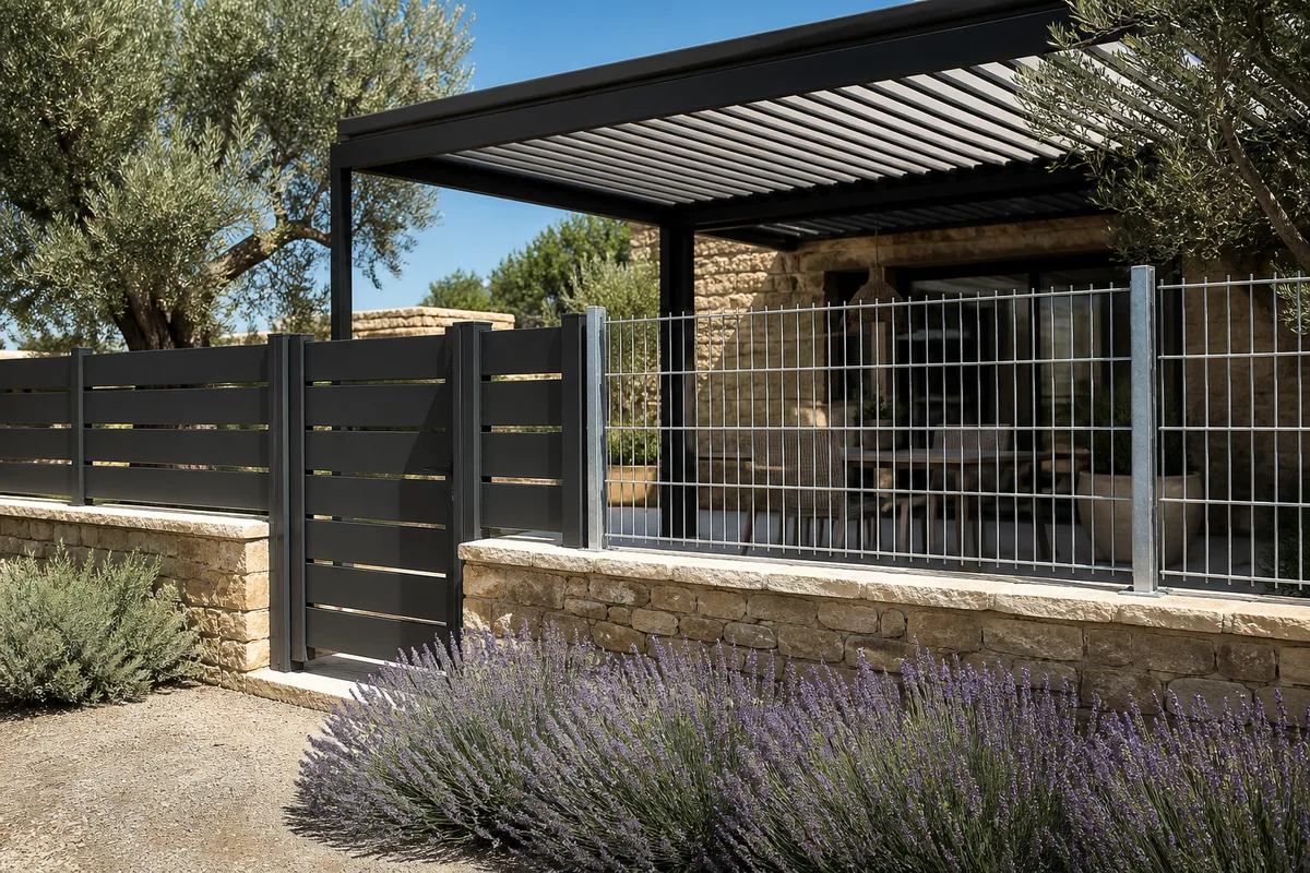 Panneau de clôture en aluminium thermolaqué et panneau rigide en acier galvanisé posés côte à côte