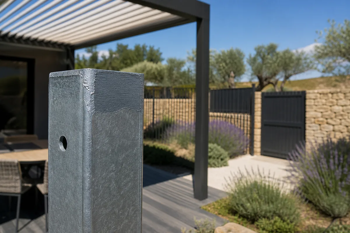 Détail d&rsquo;un poteau de clôture en acier galvanisé avec retouche de peinture riche en zinc sur la découpe