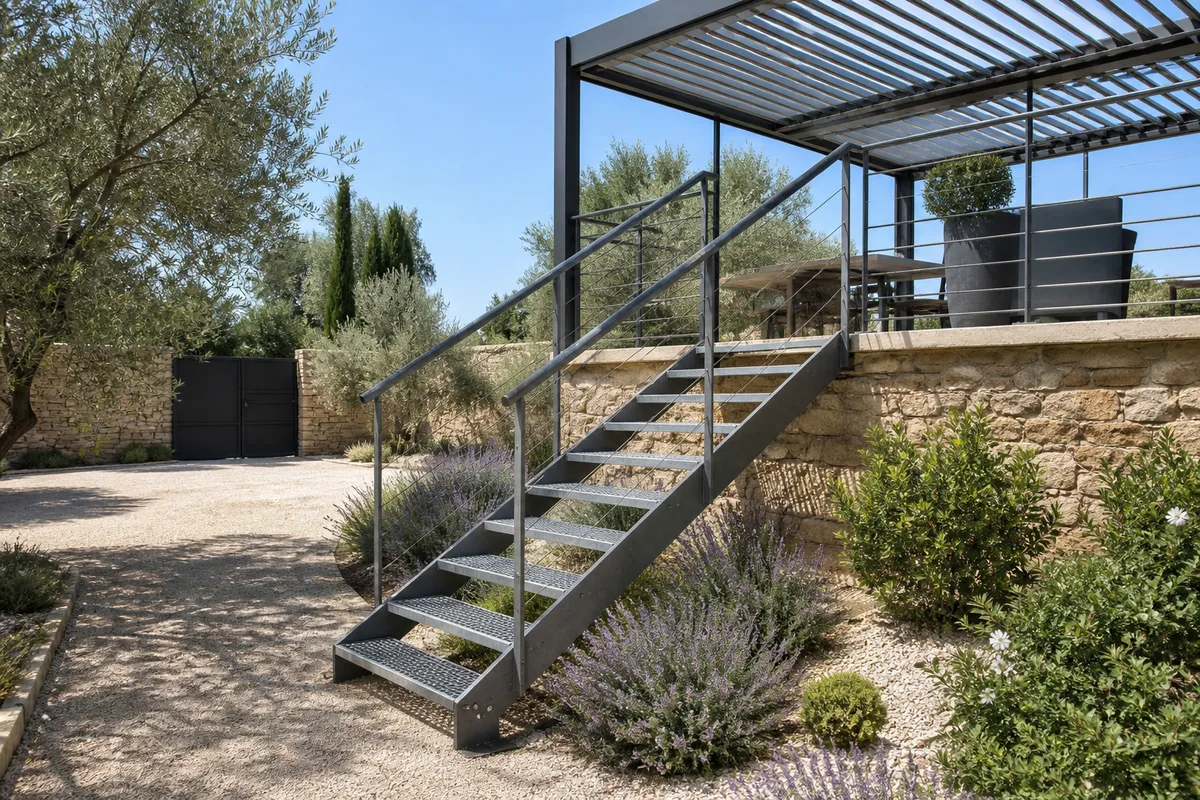 Escalier métallique droit à limons latéraux et marches en caillebotis desservant une terrasse surélevée