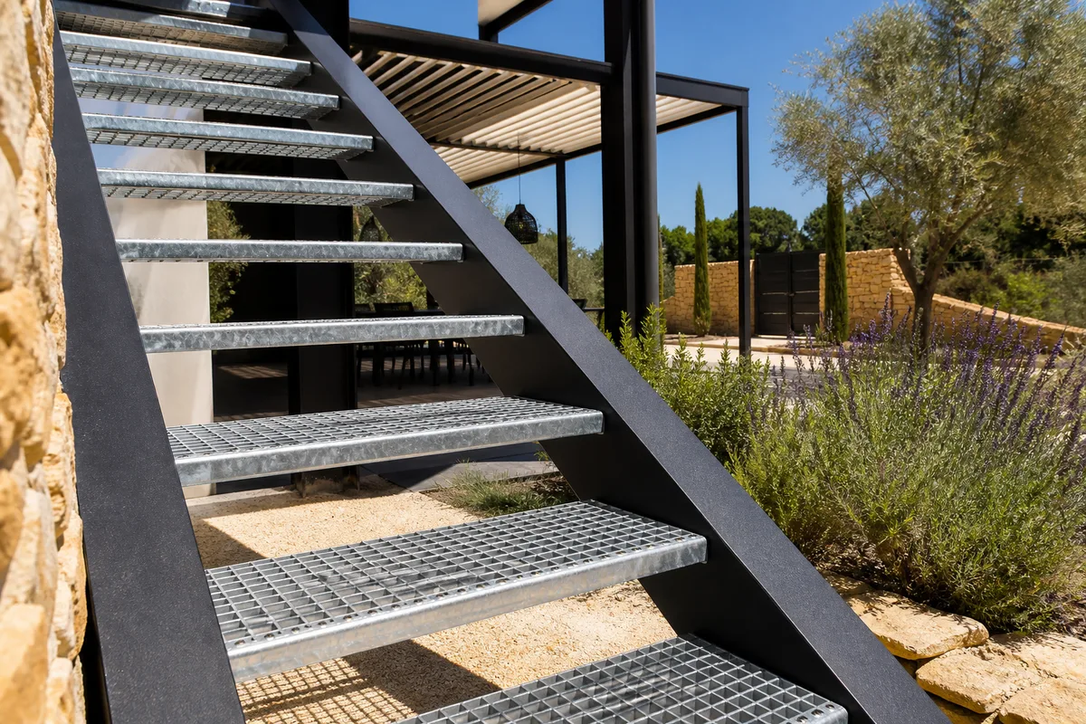 Détail de marches en caillebotis galvanisé et de limons thermolaqués sur un escalier extérieur