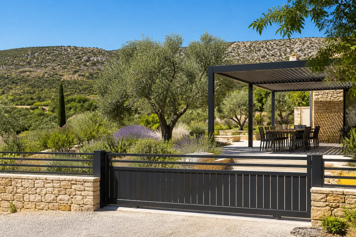 Pergola en métal adossée à une maison provençale, lames ouvertes sur un ciel clair et une terrasse ombragée