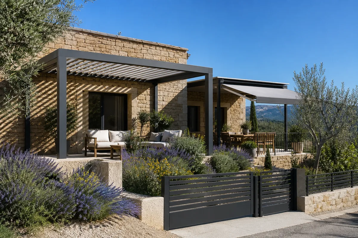 Comparaison entre une pergola à lames orientables et une pergola à toile enroulable sur deux terrasses voisines