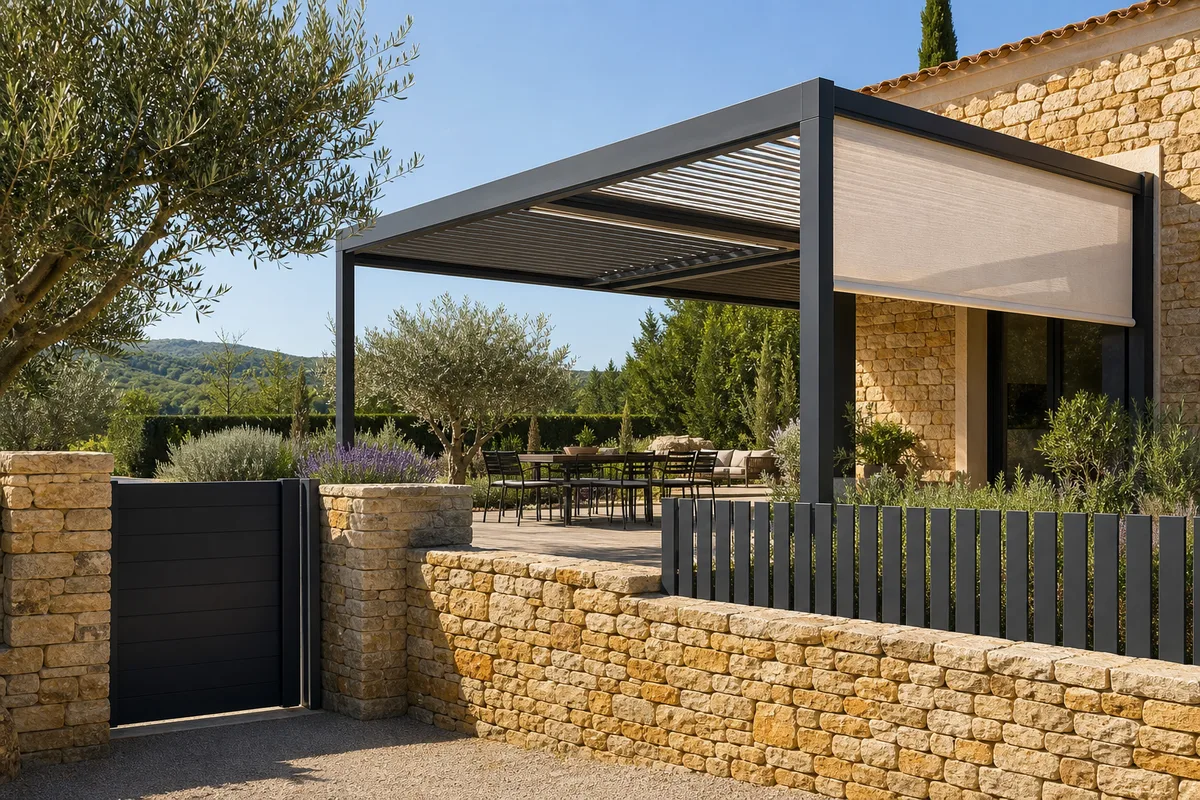 Terrasse couverte par une toile enroulable claire tendue sur une ossature en aluminium thermolaqué