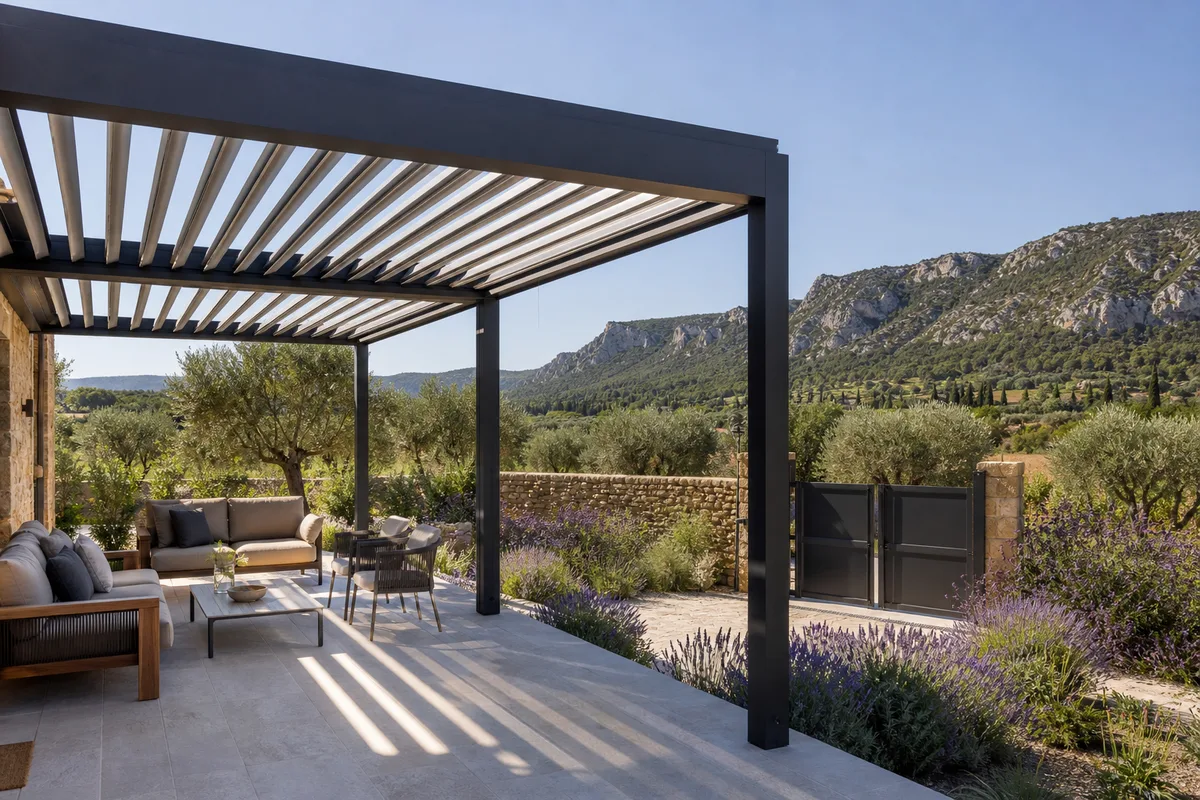 Pergola en aluminium à lames orientables installée sur une terrasse provençale au pied du Luberon
