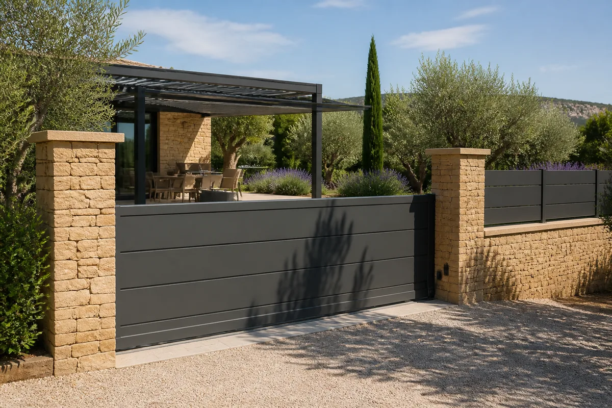 Portail en aluminium coulissant thermolaqué gris installé entre deux piliers maçonnés