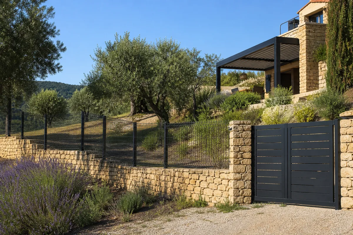 Clôture en panneaux rigides posée en limite de parcelle sur un terrain en pente du Luberon
