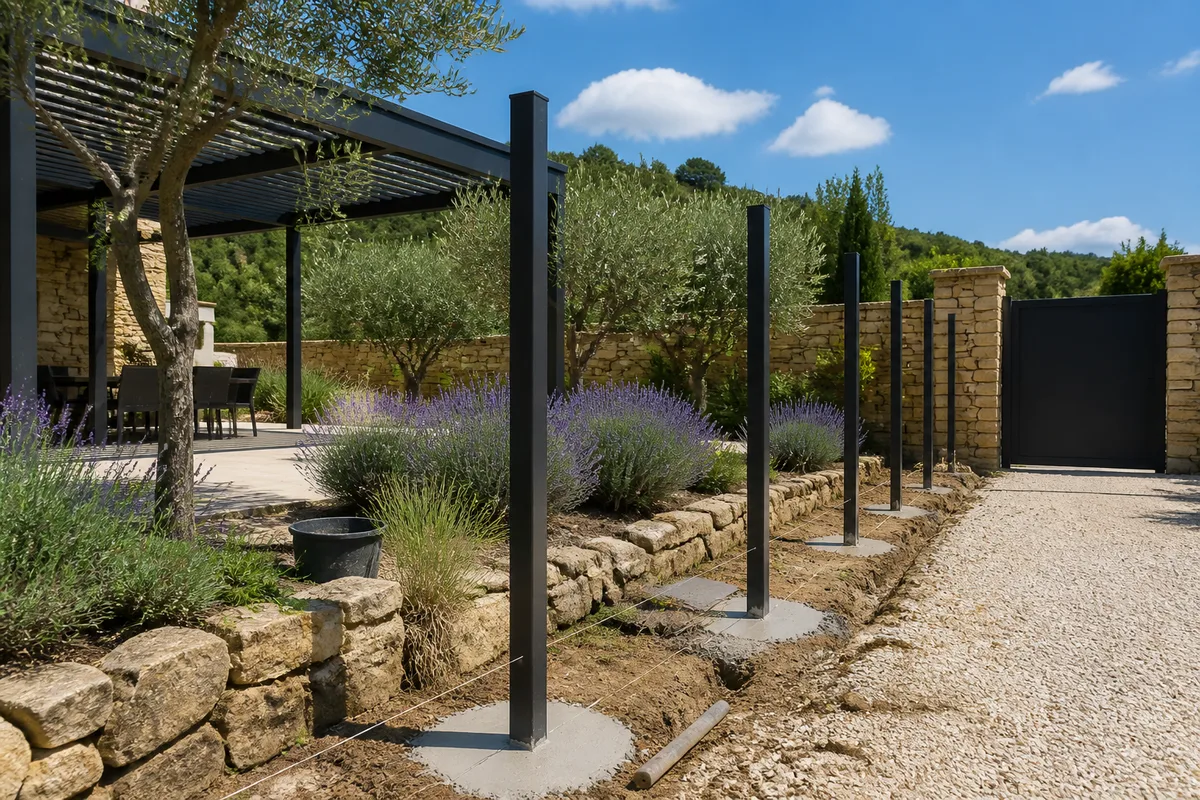 Scellement de poteaux de clôture dans des plots béton le long d&rsquo;une limite de propriété